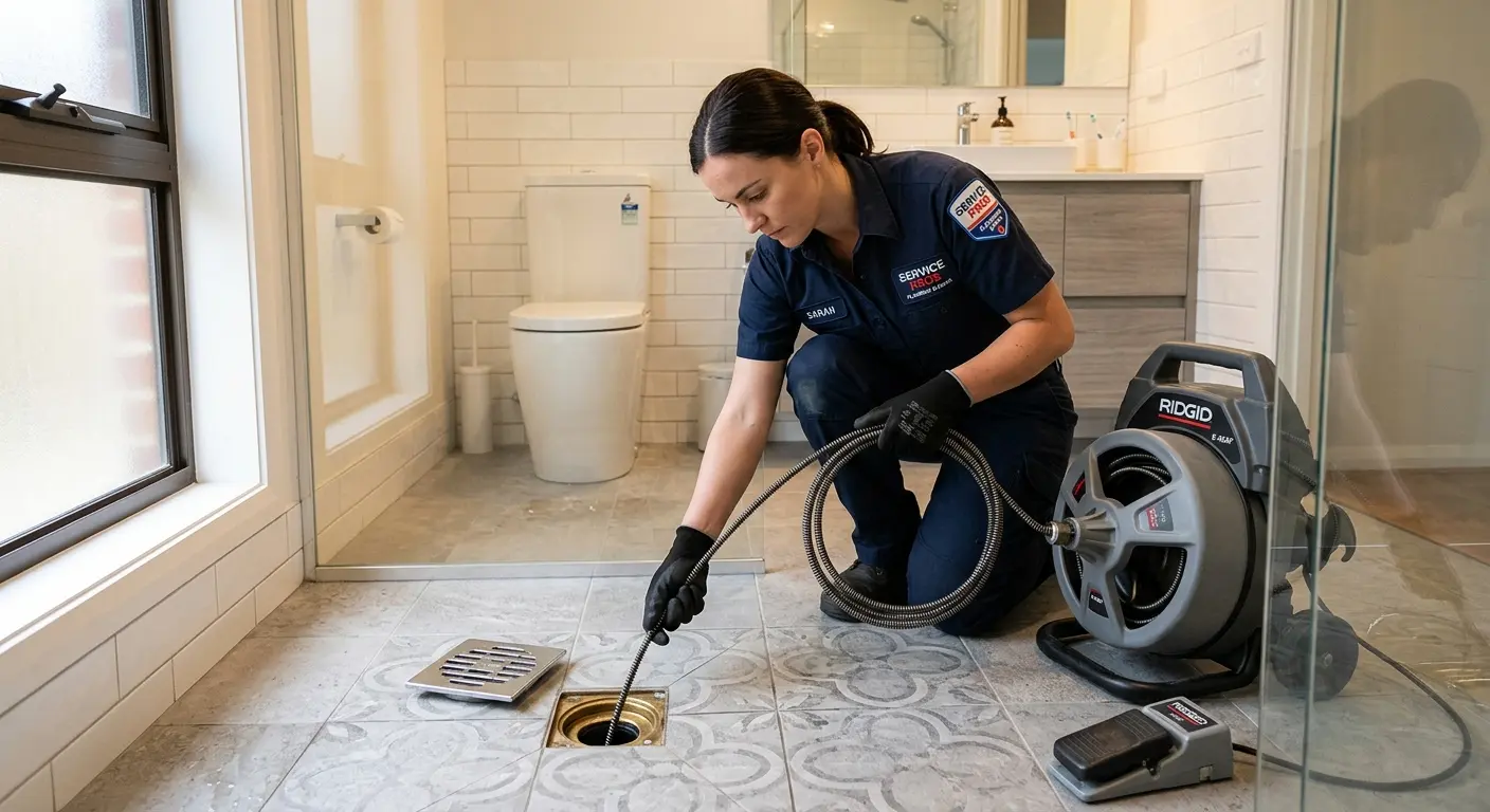 Technician clearing a bathroom floor drain for Drain Cleaning in Sweet Home
